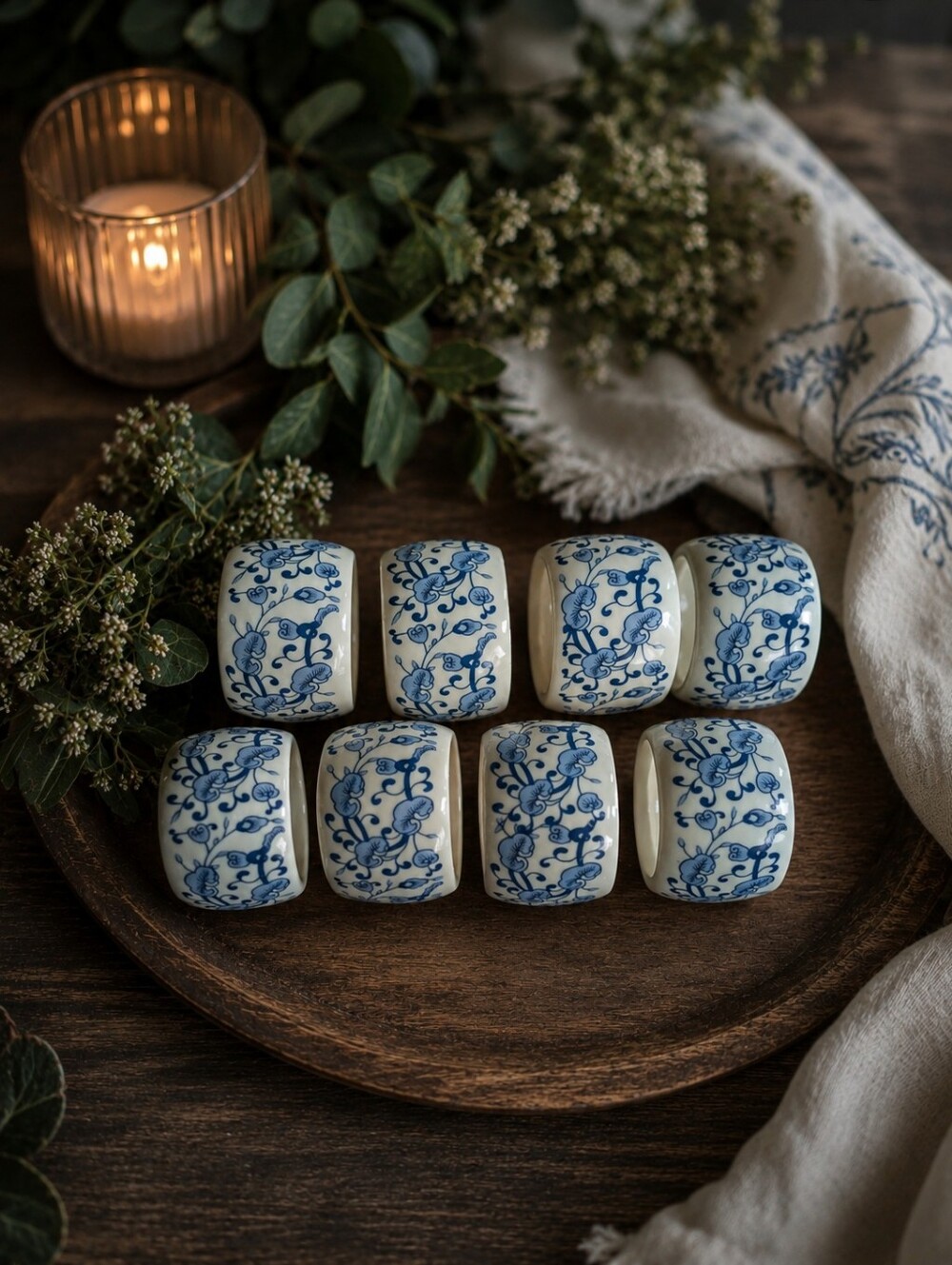 Set of 8 Blue & White Porcelain Floral Napkin Rings Chinoiserie Ginger Jar Decor